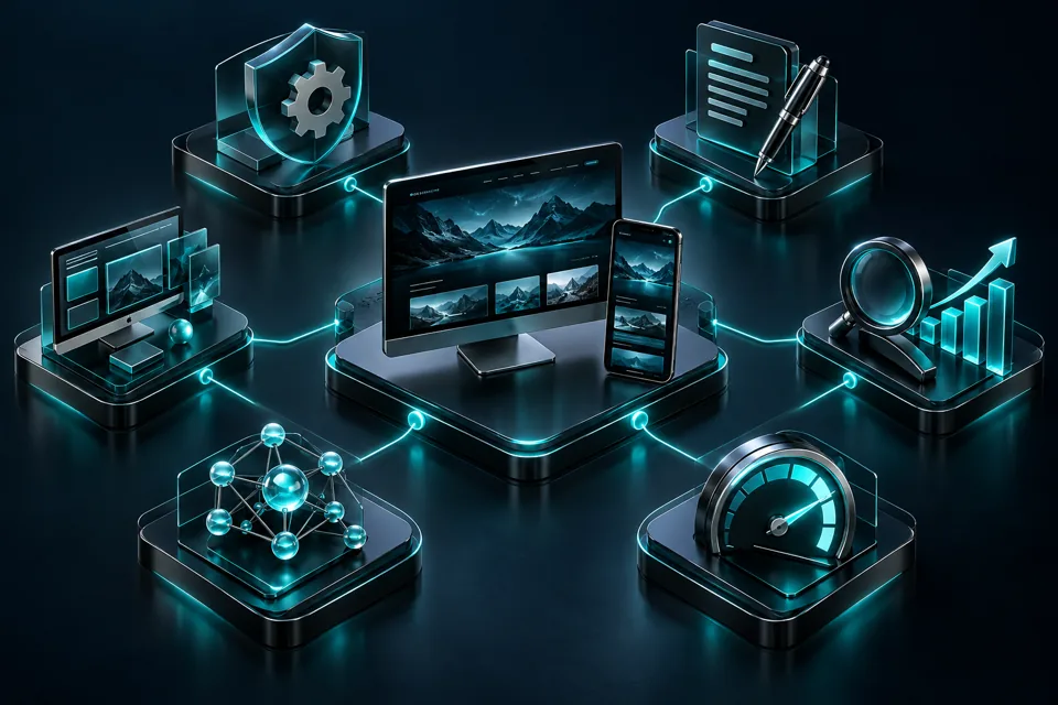 تصویر مفهومی شش خدمت سایتدونی؛ طراحی، مدیریت، محتوا، سئو، AIO و سرعت سایت
